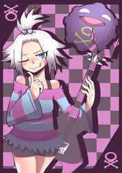  blue_eyes detached_sleeves fangs female freckles guitar gym_leader hair_bobbles hair_ornament homika_(pokemon) instrument kiri koffing nintendo pokemon pokemon_(game) pokemon_bw2 shirt short_hair shorts smile striped striped_shirt tongue tongue_out topknot white_hair wink 