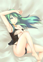  :o armpits barefoot black_panties blue_eyes breasts caam_serenity_of_gusto cleavage commentary_request covering_breasts covering_privates duel_monster female foot_out_of_frame green_hair highres long_hair lying medium_breasts nasuka@hiyokko on_back on_bed one_eye_closed open_mouth panties see-through sidelocks solo thong topless underwear yu-gi-oh! 