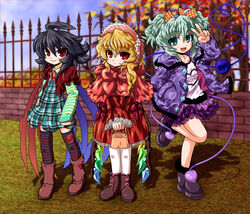  3girls alternate_costume alternate_hairstyle asymmetrical_wings bag black_hair black_thighhighs blonde_hair boots bow commentary_request dress flandre_scarlet fue_(fuef) green_eyes green_hair hairbow handbag heart highres houjuu_nue jacket komeiji_koishi long_sleeves multiple_girls oerba_yun_fang open_mouth pantyhose red_eyes ribbon short_hair side_ponytail skirt smile stage_connection striped_clothes striped_thighhighs thighhighs third_eye touhou twintails v white_legwear wings 