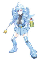  ahoge belt blue_hair breasts bug_spray commentary_request female flyswatter frills gouf gundam humanization large_breasts long_hair long_sleeves maid maid_headdress mecha mecha_musume mobile_suit_gundam pink_eyes puffy_sleeves robot skirt solo standing thighhighs triangle_mouth ueyama_michirou 