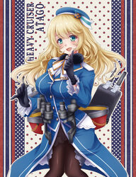  atago_(kancolle) beret black_gloves black_pantyhose blonde_hair blouse breasts cannon character_name commentary_request female gloves green_eyes hat jacket kantai_collection large_breasts lips long_hair military military_uniform mitsucho open_mouth pantyhose photoshop_(medium) shirt skirt smile solo turret uniform 