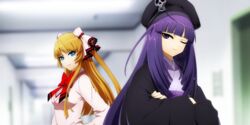  2girls amanohokosaka_mei blazblue blonde_hair blue_eyes bow bowtie crossed_arms hair_tie hat highres kuon_gramred_shutleheim long_hair multiple_girls purple_eyes purple_hair twintails xblaze xblaze_code:_embryo xblaze_lost:_memories 