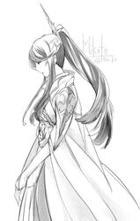  commentary_request dress female fire_emblem fire_emblem_fates greyscale hairband long_hair mikoto_(fire_emblem) mole monochrome ponytail sidelocks solo tokusa_riko very_long_hair 