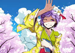  bad_id bad_pixiv_id cherry_blossoms cloud collarbone day female floral_print flower green_kimono grin hair_flower hair_ornament hieda_no_akyuu japanese_clothes kimono one_eye_closed petals purple_eyes purple_hair ribbon short_hair sky smile smoke solo takezaka_tarou touhou waving 