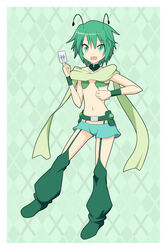  :d androgynous antennae argyle_background bare_shoulders belt blue_shorts buckle card cato_(monocatienus) commentary_request cosplay detached_collar female flat_chest garter_belt green_eyes green_hair highres leg_warmers look-alike looking_at_viewer micro_bra microskirt midoriko_(wixoss) midoriko_(wixoss)_(cosplay) midriff navel open_mouth petite scarf short_hair shorts skirt smile solo touhou tsurime wixoss wriggle_nightbug wrist_cuffs 