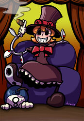  artist_name bomb bow cigar dress female fuse george_the_bomb grin hat kura_kei kuraibc mechanical_arms mechanical_limbs peacock_(skullgirls) red_eyes signature skullgirls smile smoke teeth top_hat 