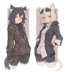  2girls animal_ears bike_shorts black_gloves black_hair black_shirt black_shorts blonde_hair blue_jacket blue_shorts brown_scarf camouflage camouflage_hoodie camouflage_shorts cat_ears cat_girl cat_tail commentary_request cropped_legs deel_(rkeg) denim denim_shorts dress_shirt ear_piercing eyewear_on_head fingerless_gloves frown gloves hands_in_pockets hood hoodie jacket lisa_(deel) multiple_girls open_clothes open_jacket original piercing ramn red_eyes scarf shirt short_hair shorts sleeve_cuffs smile sunglasses tail undershirt white_shirt wristband yellow_eyes 