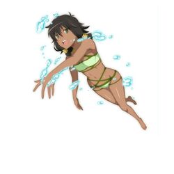  bangs bare_shoulders barefoot black_hair breasts dark_skin dungeon_ni_deai_wo_motomeru_no_wa_machigatteiru_darou_ka feet female full_body green_eyes looking_at_viewer navel official_art open_mouth shiny short_hair simple_background small_breasts smile solo swim swimsuit sword_oratoria tiona_hyryute toes water white_background 