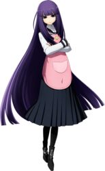  amanohokosaka_mei apron blazblue crossed_arms female full_body higuchi_konomi long_hair long_skirt pantyhose purple_eyes purple_hair school_uniform skirt solo transparent_background xblaze xblaze_code:_embryo 