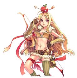  absurdres apple apple_on_head arrow_(projectile) arrow_through_apple artist_request blonde_hair bow_(weapon) breasts cleavage crop_top female fingerless_gloves food food_as_clothes fruit gloves hand_on_own_hip hat highres long_hair medium_breasts navel open_fly panties pointy_ears ragnarok_online red_eyes ribbon side-tie_panties simple_background single_thighhigh sniper_(ragnarok_online) solo striped_clothes striped_thighhighs thighhighs underwear unzipped vertical-striped_clothes vertical-striped_thighhighs weapon 