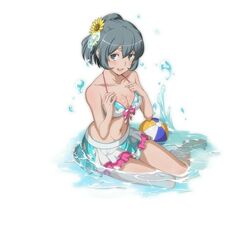  bangs bare_shoulders barefoot bikini bikini_skirt blush breasts cleavage collarbone dungeon_ni_deai_wo_motomeru_no_wa_machigatteiru_darou_ka eyebrows_visible_through_hair feet female flower full_body grey_hair hair_flower hair_ornament hands_on_own_chest looking_at_viewer medium_breasts navel official_art open_mouth partially_submerged polka_dot polka_dot_bikini short_hair sitting smile solo sparkle sunflower swimsuit syr_flover transparent_background water 