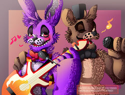  2016 absurd_res animatronic anthro bear blush bonnie_(fnaf) bow_(feature) bow_tie brown_body brown_fur digital_media_(artwork) duo electronics english_text five_nights_at_freddy&#039;s freddy_(fnaf) fur guitar half-closed_eyes heart_symbol hi_res hiyoko lagomorph leporid machine male mammal microphone music musical_instrument narrowed_eyes plucked_string_instrument purple_body purple_fur rabbit red_eyes robot scottgames simple_background smile string_instrument text 