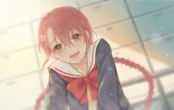  +1_(yakusoku0722) :d blurry blurry_background bow braid commentary_request female hair_between_eyes highres indoors long_hair looking_at_viewer open_mouth parted_bangs red_bow red_eyes red_hair ryuuzaki_sakuno school school_uniform seishun_academy_school_uniform serafuku smile solo teeth tennis_no_ouji-sama twin_braids 