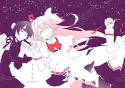  2girls akemi_homura akemi_homura_(black_dress) black_hair black_pantyhose bow closed_eyes commentary_request dated dress funeral_dress gloves hairband hairbow kaname_madoka long_hair looking_at_another mahou_shoujo_madoka_magica mahou_shoujo_madoka_magica:_hangyaku_no_monogatari mitakihara_school_uniform multiple_girls pantyhose photoshop_(medium) pink_hair pinky_swear school_uniform short_hair signature skirt sky smile sorato_(astllatte) spoilers star_(sky) starry_sky two_side_up ultimate_madoka white_gloves yuri 