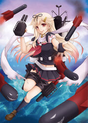  blonde_hair blouse bow cannon commentary_request female gloves gun hair_ornament hair_ribbon hairbow hairclip highres kantai_collection long_hair messy_hair mitsucho open_mouth photoshop_(medium) red_eyes ribbon school_uniform serafuku shirt short_sleeves skirt smile solo torpedo turret weapon yuudachi_(kancolle) yuudachi_kai_ni_(kancolle) 