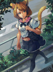  animal_ears bag blonde_hair blue_eyes commentary female from_above highres lips looking_to_the_side midriff original pantyhose photoshop_(medium) pleated_skirt road satoshi1923 school_uniform skirt solo tail walking 