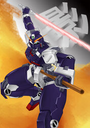  antennae arm_up beam_saber blowgun commentary_request dual_wielding fighting_stance g_no_kage-nin green_eyes gundam hidden_shadow_of_g highres holding kanji mecha mobile_suit ninja no_humans robot ryouga&#039;s_g-3_gundam smokescreen zero_jager 