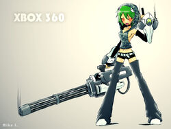  arm_guards arm_up camouflage camouflage_hoodie commentary english_commentary female game_console gatling_gun gauntlets green_hair gun highres hood microsoft mike_inel minigun photoshop_(medium) red_eyes shorts simple_background smoke weapon white_background woodland_camouflage xbox_360 