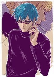  2boys acca_13-ku_kansatsu-ka akirakira blonde_hair blue_eyes blue_hair cellphone character_name cigarette closed_eyes commentary_request dated glasses jean_otus male_focus multiple_boys niino_(acca) phone smile smoking standing talking_on_phone 