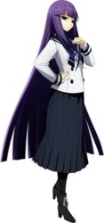  amanohokosaka_mei black_legwear blazblue female full_body hand_on_own_hip higuchi_konomi long_hair long_skirt long_sleeves purple_eyes purple_hair school_uniform skirt solo transparent_background xblaze xblaze_code:_embryo 