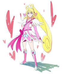  aida_mana arm_warmers asymmetrical_clothes ayatori_(sensei_heroism) bike_shorts blonde_hair boots bow brooch choker commentary_request cure_heart curly_hair detached_sleeves dokidoki!_precure dress earrings eyelashes female fingerless_gloves full_body gloves hair_flip hair_ornament half_updo happy heart heart_brooch high_heels highres jewelry knee_boots kneehighs long_hair looking_at_viewer magical_girl pink_arm_warmers pink_bow pink_dress pink_eyes pink_footwear pink_sleeves ponytail precure ribbon shorts shorts_under_dress smile socks solo standing white_background 