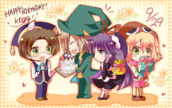  2boys 2girls amitie_(puyopuyo) bad_id bad_pixiv_id birthday_cake blue_eyes brown_hair cake chibi closed_eyes dated feli_(puyopuyo) flower food gift glasses gloves gothic_lolita green_eyes hair_ornament hair_ribbon hairband happy_birthday hat highres klug_(puyopuyo) lemres_(puyopuyo) lolita_fashion long_hair multiple_boys multiple_girls purple_hair puyopuyo puyopuyo_fever puyopuyo_fever_2 ribbon sofako_(miuccha) 