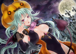  bat_(animal) bat_wings breasts candy_wrapper cleavage_cutout clothing_cutout commentary_request demon_tail female full_moon green_hair halloween highres jack-o&#039;-lantern large_breasts long_hair looking_at_viewer moon night original pink_eyes pumpkin solo tail tsuto wings 