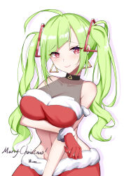  absurdres ahoge alternate_hair_color arm_under_breasts artist_name bare_shoulders black_choker blush breasts chinese_commentary choker closed_mouth commentary covered_collarbone delutaya female fur_skirt green_hair hair_ornament highres huge_breasts indie_virtual_youtuber linea_alba long_hair looking_at_viewer merry_christmas miuna_(498475051) navel pink_eyes pink_lips red_skirt simple_background skirt smile solo stomach triangle_hair_ornament twintails virtual_youtuber white_background 