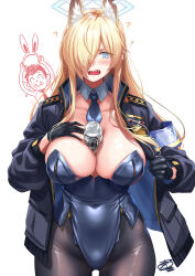  1boy ? adapted_costume animal_ear_fluff animal_ears armband blonde_hair blue_archive blue_armband blue_halo blush breasts can_between_breasts cleavage dog_ears dog_girl doodle_sensei_(blue_archive) extra_ears female hair_over_one_eye halo jacket kanna_(blue_archive) large_breasts leotard long_hair notched_ear okitakung pantyhose police police_uniform policewoman rabbit_ears sensei_(blue_archive) sharp_teeth teeth 