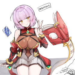 arm_support bare_shoulders blunt_bangs book bracelet breasts bridal_gauntlets card chibi chibi_inset cleavage covered_navel cowboy_shot cowlick detached_sleeves dress epic_seven female floating floating_book floating_object hair_intakes hand_up head_tilt highres jewelry korean_text large_breasts light_blush looking_at_viewer mercedes_(epic_seven) open_book pink_hair qnishi_(kyunishi) red_dress revealing_clothes see-through_clothes sitting sleeveless sleeveless_dress smile solo speech_bubble thought_bubble translation_request v white_background yellow_eyes 