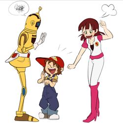  1boy 2-3 baseball_cap boots brown_hair commentary_request female green_eyes gyakuten!_ippatsuman harubou hat height_difference houmu_ran knee_boots laughing overalls robot time_bokan_(series) umi_kemushi 