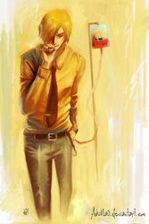  1boy akimao belt blonde_hair blood cigarette collared_shirt hair_over_one_eye hand_in_pocket intravenous_drip iv male male_focus necktie one_piece sanji shirt smoking solo standing white_shirt 