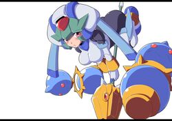  android armor ass bent_over blush bodysuit breasts commentary_request female flying green_hair helmet holding holding_staff letterboxed looking_at_viewer medium_breasts mega_man_(series) mega_man_zx model_w_(mega_man) object_riding pandora_(mega_man) parted_lips photoshop_(medium) pink_eyes red_eyes semikichi simple_background solo staff weapon white_background 