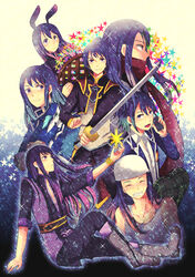  1boy alternate_costume animal_ears black_eyes black_hair boots closed_eyes commentary_request costume_chart grey_footwear knee_boots kuga_asumi long_hair male_focus multiple_persona official_alternate_costume photoshop_(medium) ponytail rabbit_ears repede_(tales) revision star_(symbol) sword tales_of_(series) tales_of_vesperia weapon yuri_lowell yuri_lowell_(dark_enforcer) yuri_lowell_(light_fedrock_uniform) yuri_lowell_(reliable_senior) yuri_lowell_(tank_top_lover) yuri_lowell_(true_knight) 