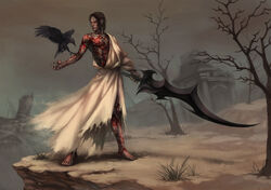  1boy abs ancient_greek_clothes bare_tree barefoot bird black_hair commentary_request crow dark-skinned_male dark_skin desert fingernails greco-roman_clothes highres himation male_focus muscular photoshop_(medium) ruins scarlet_desires scp-076-2 scp_foundation sharp_fingernails sword tattoo tree weapon 