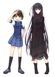  2girls black_dress black_eyes black_hair black_legwear bow brown_hair commentary_request dress ever_17 hairbow hand_on_own_hip kneehighs komachi_tsugumi long_hair matsunaga_sara mother_and_daughter multiple_girls plaid plaid_skirt pleated_skirt salute school_uniform short_hair skirt socks standing takigawa_yuu twintails very_long_hair 