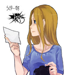  bad_id bad_pixiv_id blonde_hair blue_eyes camera character_name coffinkun commentary_request female long_hair photo_(object) photoshop_(medium) scp-105 scp_foundation simple_background single-lens_reflex_camera solo white_background 