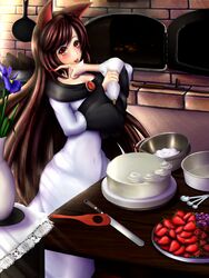  :p animal_ears baking blue_flower blush brick_oven brown_hair cake cake_pan collarbone commentary_request cream doily dress female fingernails flower food fruit highres holding_pastry_bag icing_spatula imaizumi_kagerou indoors iris_(flower) jewelry kitchen knife licking licking_hand long_hair long_sleeves looking_at_viewer mixing_bowl oven pastry_bag plant purple_flower red_eyes redoredo_(godprogress) smile solo spatula spoon strawberry tongue tongue_out touhou vase wolf_ears 