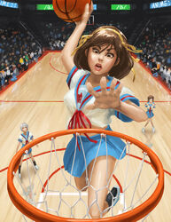  2girls 3girls asahina_mikuru basketball basketball_court basketball_hoop brown_hair doyora dunk gym hair_ribbon lips multiple_girls nagato_yuki parody ribbon school_uniform short_hair slam_dunk suzumiya_haruhi suzumiya_haruhi_no_yuuutsu 