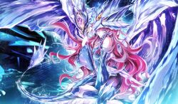  armor bare_shoulders commentary_request detached_sleeves dragon_tail dragon_wings duel_monster emilia_(yu-gi-oh!) female headgear highres ice kanaria_(fuusenkazura) long_hair looking_at_viewer md5_mismatch nekroz_of_gungnir pink_eyes red_hair resolution_mismatch sitting solo source_smaller staff tail very_long_hair wings yokozuwari yu-gi-oh! 