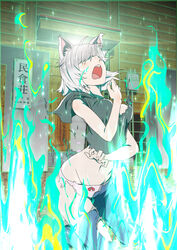  alternate_breast_size animal_ears aqua_fire bad_id bad_pixiv_id black_hanekawa blue_fire bow bow_panties breasts burnt_clothes cat_ears cat_girl commentary_request female fire green_fire hanekawa_tsubasa kneeling magic medium_breasts monogatari_(series) nekomonogatari open_mouth pain panties photoshop_(medium) s.h.v short_hair solo torn_clothes underwear white_hair white_panties 