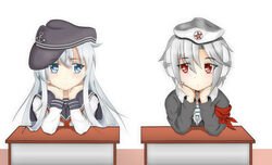  2girls anchor_symbol beret black_hat blue_eyes blue_hair choker collarbone commentary_request crossover expressionless grey_hair hair_between_eyes hat head_rest hibiki_(kancolle) hibiki_(warship_girls_r) highres historical_name_connection kantai_collection long_hair long_sleeves looking_at_another looking_to_the_side multiple_girls name_connection photoshop_(medium) sailor_collar school_uniform serafuku shirt short_hair simple_background skyland_(typemoonsky) star_(symbol) star_print table verniy_(warship_girls_r) warship_girls_r white_background white_hair white_shirt 