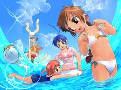  3girls ahoge bikini blue_hair blush braid brown_hair cloud day happy kickboard lolicon multiple_boys multiple_girls ocean one-piece_swimsuit original satou_toshiyuki school_swimsuit shirt side-tie_bikini sky swimsuit wet wet_clothes wet_shirt 