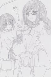  2girls absurdres akemi_homura bag blush bow braid character_name commentary_request glasses greyscale hairband highres holding holding_bag ishin_(homura) long_hair looking_at_another mahou_shoujo_madoka_magica mahou_shoujo_madoka_magica_(anime) marker mitakihara_school_uniform monochrome multiple_girls over-rim_eyewear saotome_kazuko school_uniform semi-rimless_eyewear shy simple_background skirt twin_braids under-rim_eyewear white_background whiteboard 