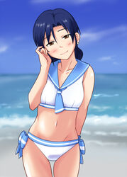  arm_behind_back beach bikini black_hair brown_eyes commentary_request earrings female head_tilt idolmaster idolmaster_(classic) jewelry kisaragi_chigusa long_hair mature_female navel outdoors sailor_bikini sailor_collar sailor_swimsuit_(idolmaster) smile solo standing swimsuit toshifumi white_bikini 