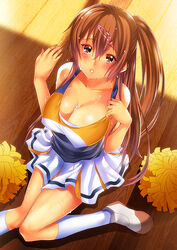  bare_shoulders blush breasts brown_eyes brown_hair cheerleader chuunibyou_demo_koi_ga_shitai! cleavage collarbone english_commentary female from_above hair_ornament hairclip kneehighs large_breasts looking_at_viewer looking_up nibutani_shinka one_side_up photoshop_(medium) pom_pom_(cheerleading) shoes sitting socks solo sweat un4lord white_socks wooden_floor 