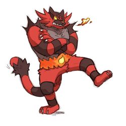  1:1 2016 anthro beau_(artist) black_body black_fur claws felid fire fur generation_7_pokemon green_eyes incineroar male mammal nintendo pokemon pokemon_(species) red_body red_fur simple_background solo stripes white_background yellow_sclera 