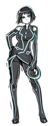  bare_shoulders black_hair blue_eyes bob_cut bodysuit breasts chakram contrapposto disc_(tron) elbow_gloves female gloves hand_on_own_hip highres maniacpaint neon_trim quorra short_hair smile solo standing tron tron:_legacy weapon 