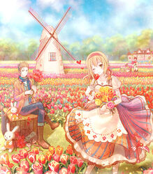  2boys 2girls :3 anko_kinako axis_powers_hetalia basket belgium_(hetalia) blonde_hair bouquet box brother_and_sister colorful commentary_request dress field flower flower_field green_eyes hair_ribbon heart highres house miffy miffy_(character) multiple_boys multiple_girls netherlands_(hetalia) one_eye_closed photoshop_(medium) rabbit revision ribbon scar scarf siblings southern_italy_(hetalia) spain_(hetalia) stuffed_animal stuffed_toy tree tulip windmill 