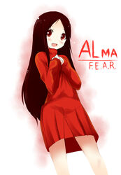  :d alma_(f.e.a.r.) blush brown_hair butter-t commentary dress f.e.a.r. female long_hair open_mouth photoshop_(medium) red_dress red_eyes red_skirt skirt smile solo 